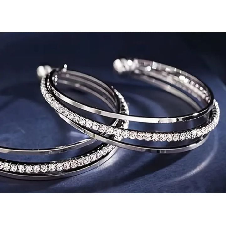 Elegant Silver Tone Rhinestone Hoop Earrings