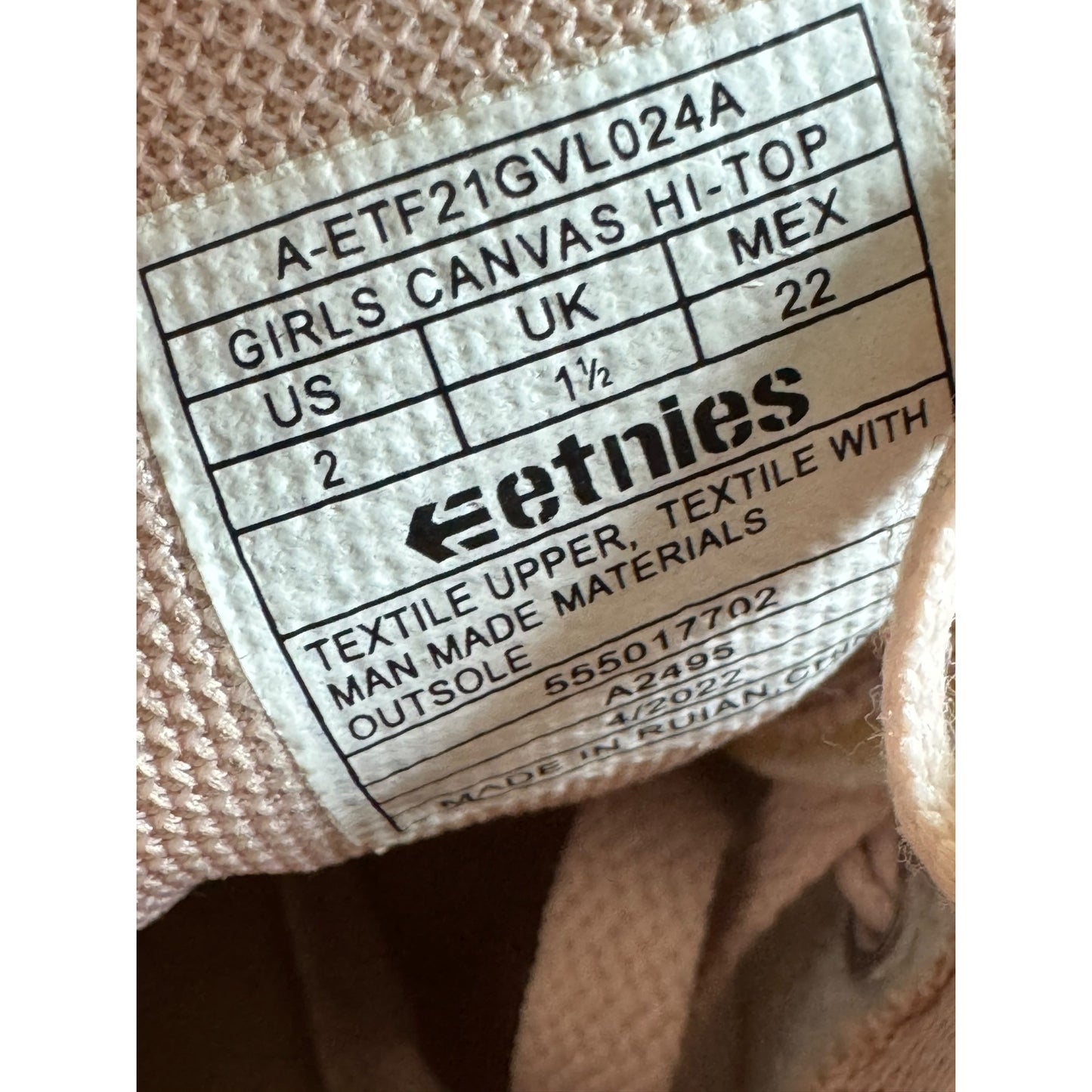 Etnies Girls Sz 2 Scout Hi Top Shoes Light Pink Canvas Sneakers