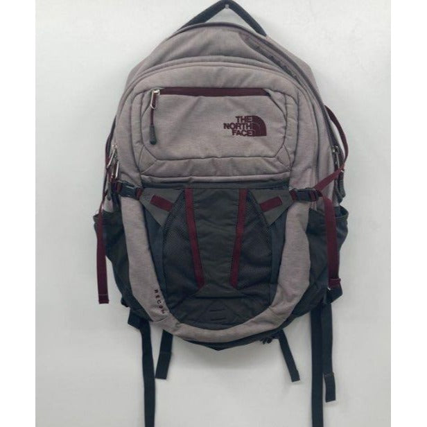 The North Face Recon Backpack Gray & Burgundy With Multiple Compartments Adjustable Straps & Padded Back Support
