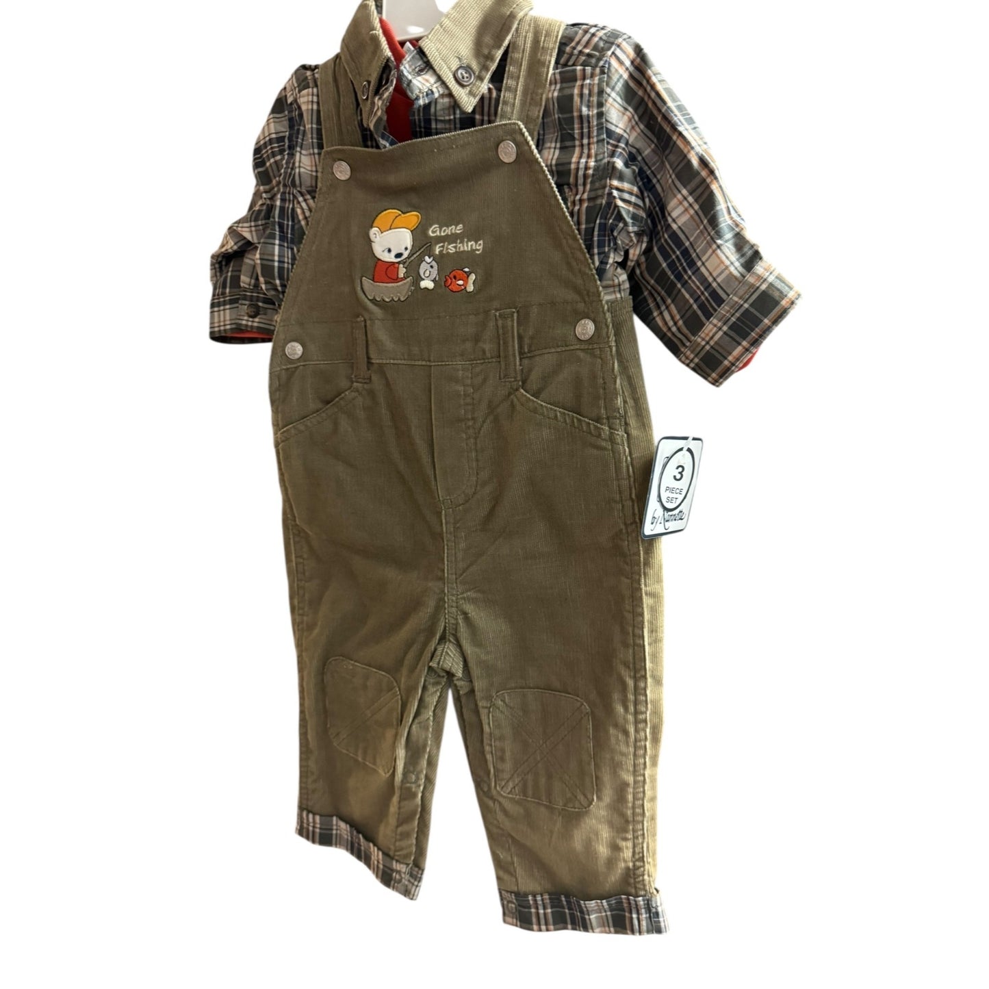 Nanette Baby Boys Z Wear 3-Piece Gone Fishing Corduroy Overalls Set W/ Plaid Shirt & Orange Tee Size 6-9M Green & Plaid