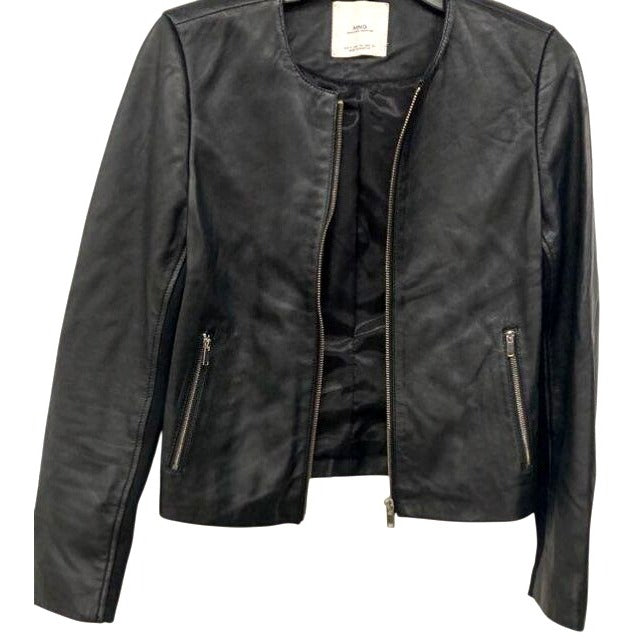 MNG (Mango) Women's Genuine Lammeskin Leather Black Jacket XS