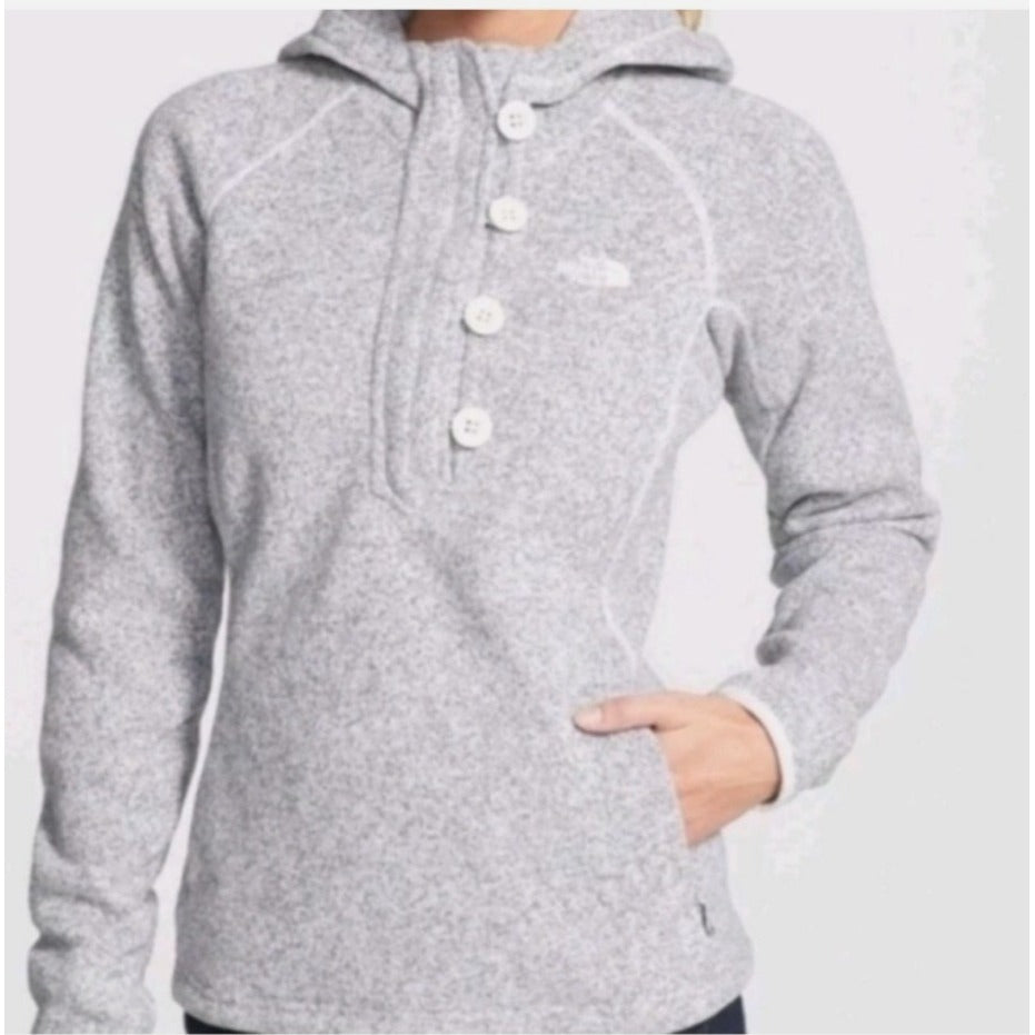 The North Face Womens XS Crescent Sunshine Knit Pullover Hoodie Gray Button Accents