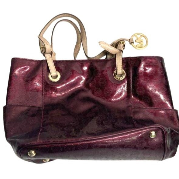 Michael Kors Burgundy Patent Tote Bag With MK Monogram & Gold Hardware