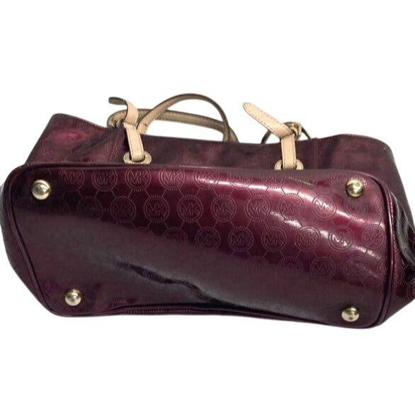 Michael Kors Burgundy Patent Tote Bag With MK Monogram & Gold Hardware