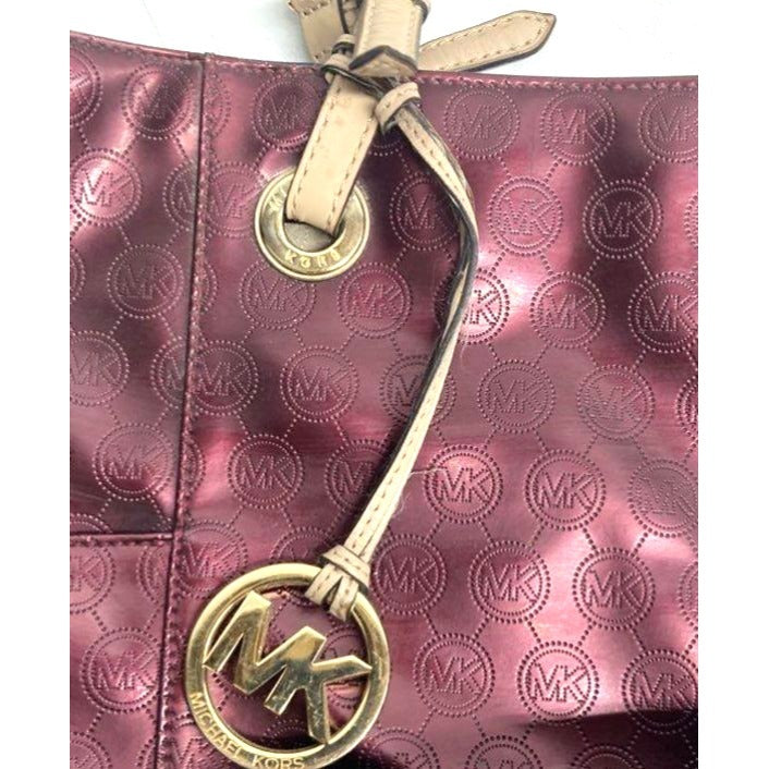 Michael Kors Burgundy Patent Tote Bag With MK Monogram & Gold Hardware