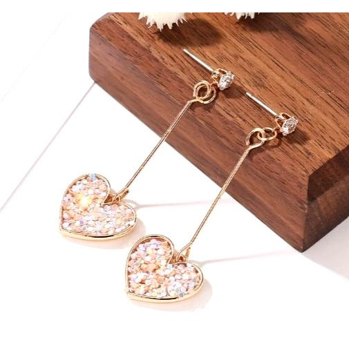 Gold Toned Heart Drop Earrings With Rhinestone Details