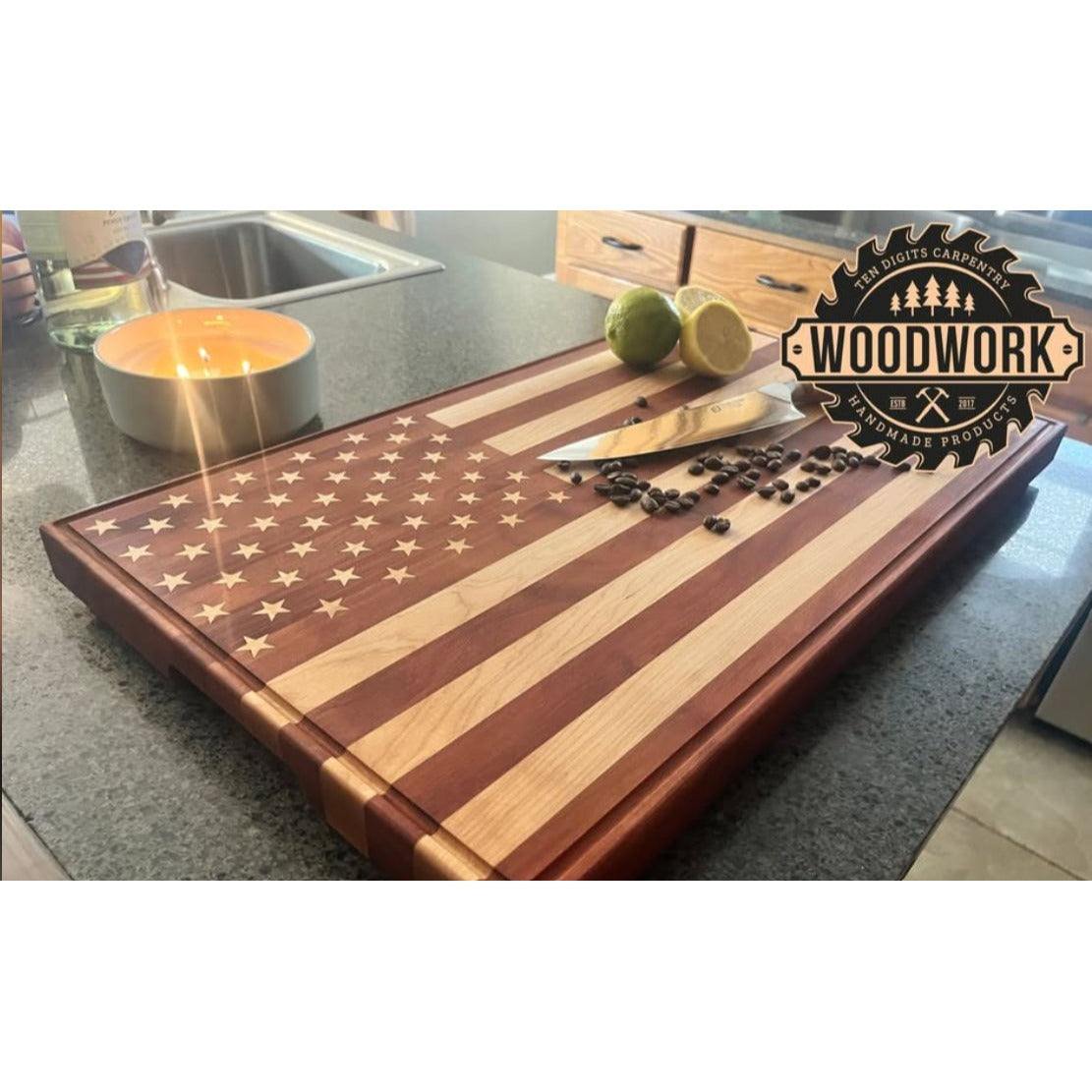 American Flag Hardwood Cutting Board With Juice Groove & Non-Slip Feet