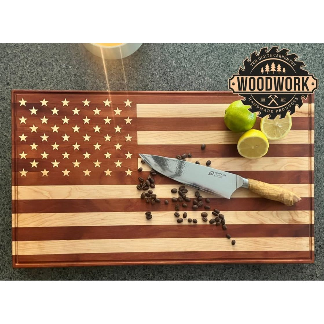American Flag Hardwood Cutting Board With Juice Groove & Non-Slip Feet