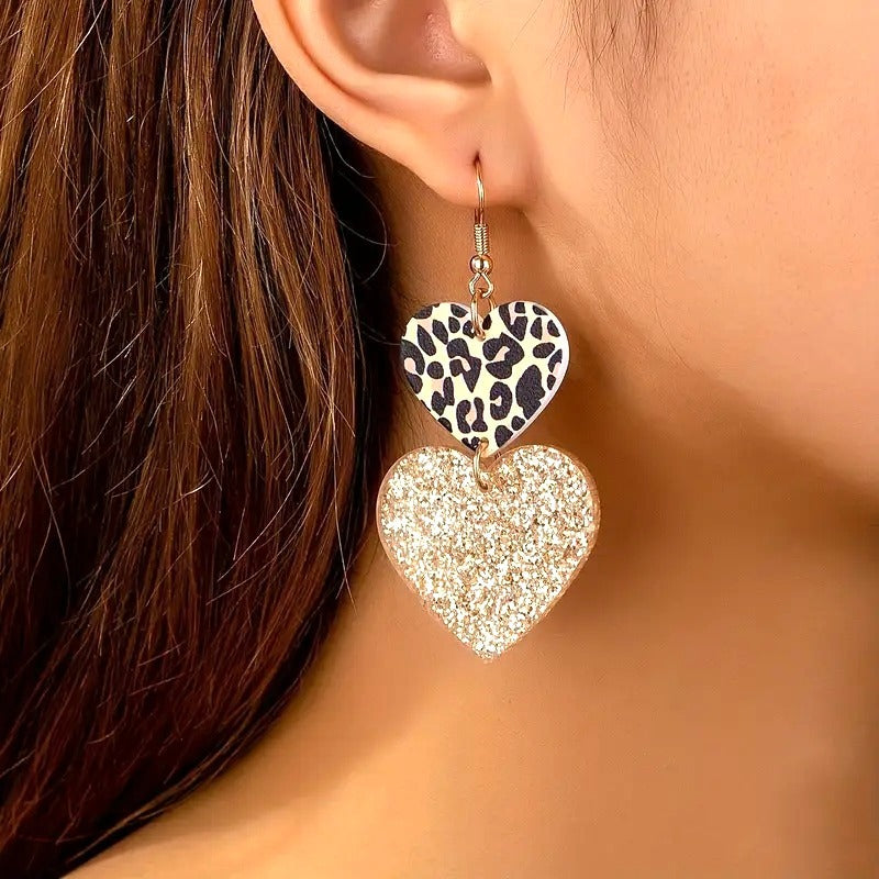 Leopard Print & Glitter Double Heart Dangle Earrings