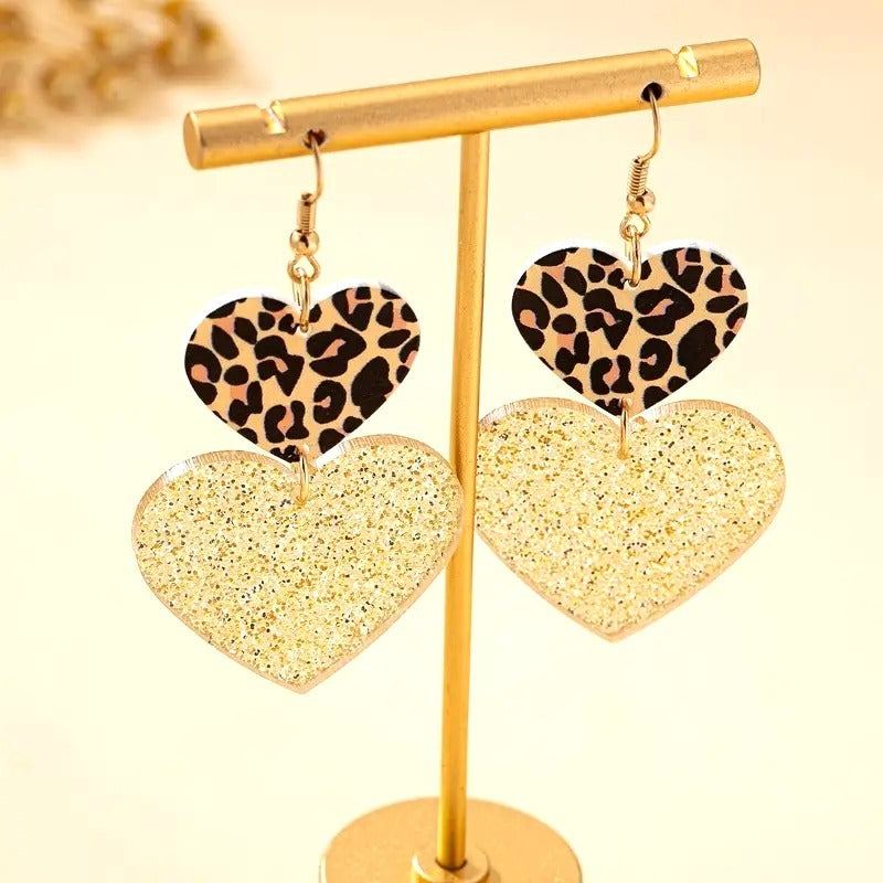 Leopard Print & Glitter Double Heart Dangle Earrings