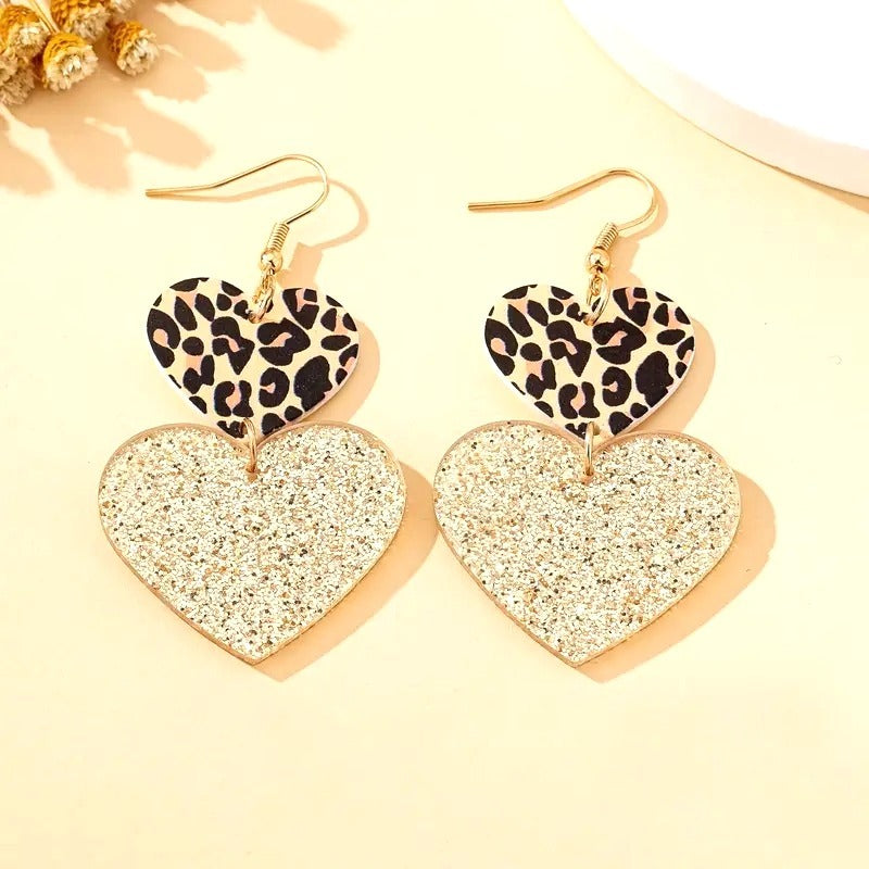 Leopard Print & Glitter Double Heart Dangle Earrings