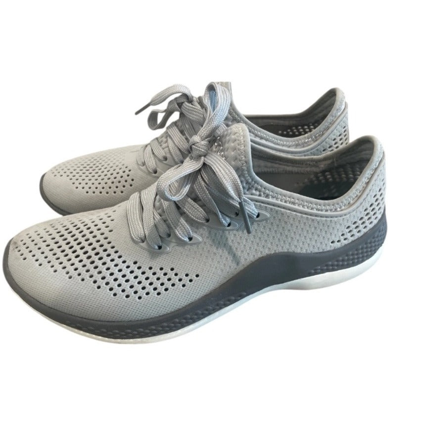 Lightweight Mens Gray Lace-Up Sneakers By Crocs With Perforated Design & Comfortable Cushioned Soles