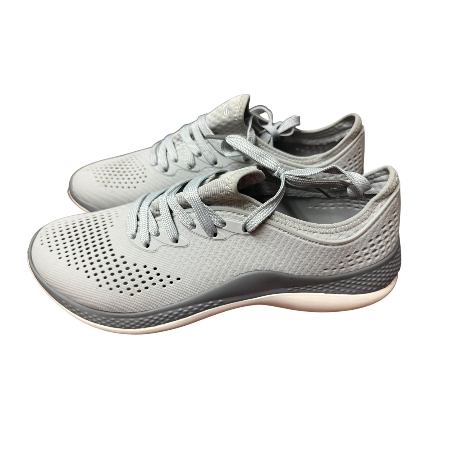 Lightweight Mens Gray Lace-Up Sneakers By Crocs With Perforated Design & Comfortable Cushioned Soles