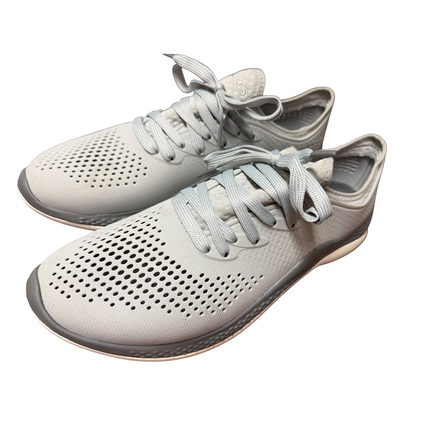 Lightweight Mens Gray Lace-Up Sneakers By Crocs With Perforated Design & Comfortable Cushioned Soles