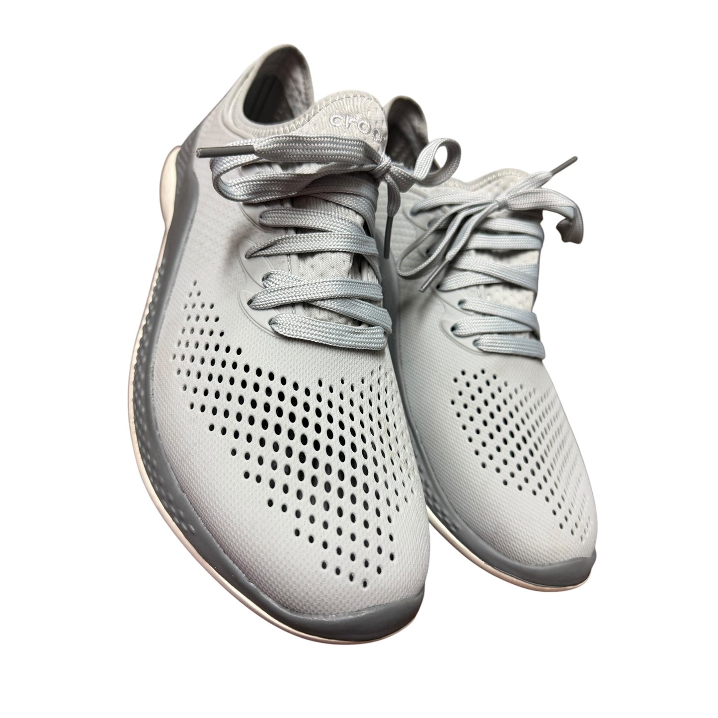 Lightweight Mens Gray Lace-Up Sneakers By Crocs With Perforated Design & Comfortable Cushioned Soles