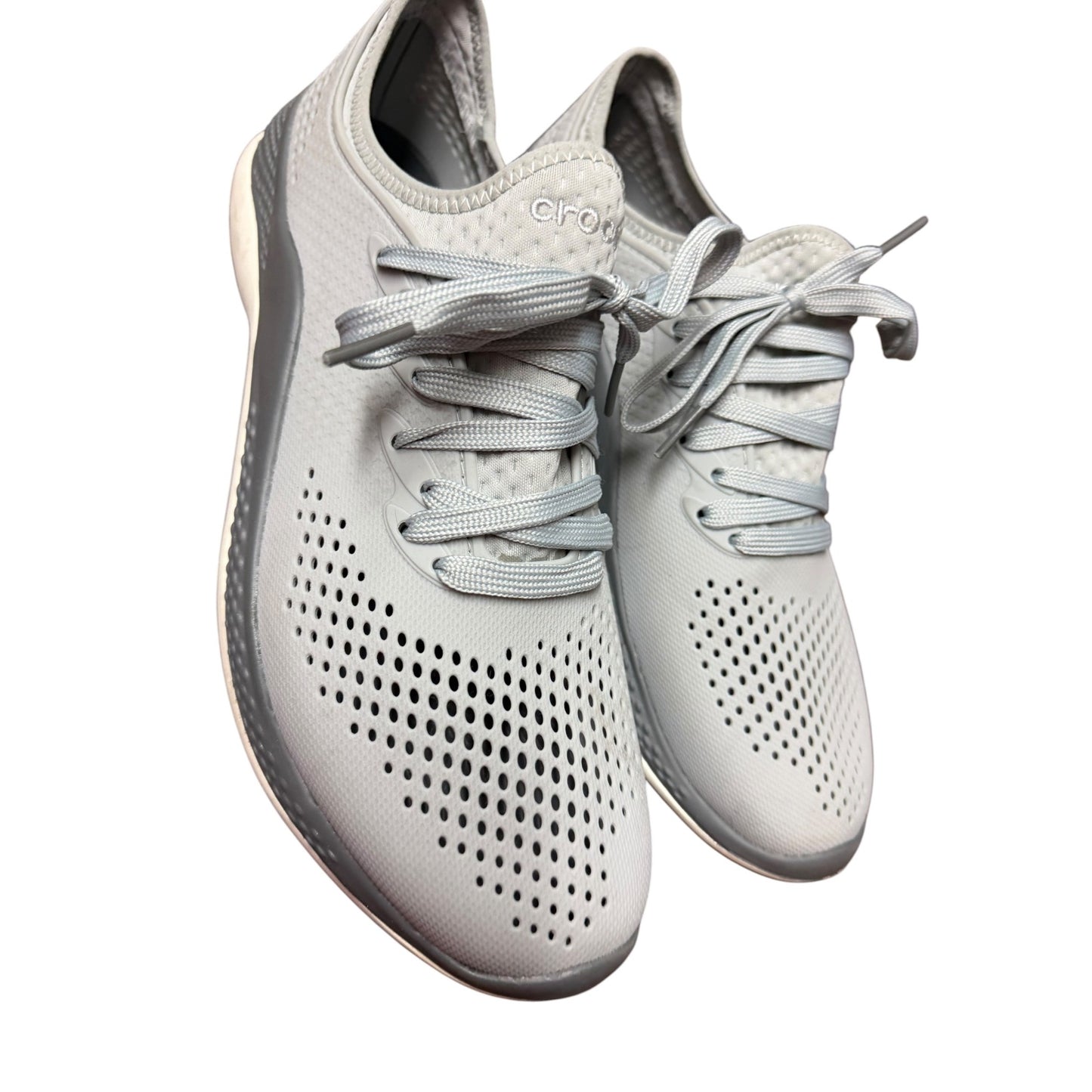 Lightweight Mens Gray Lace-Up Sneakers By Crocs With Perforated Design & Comfortable Cushioned Soles