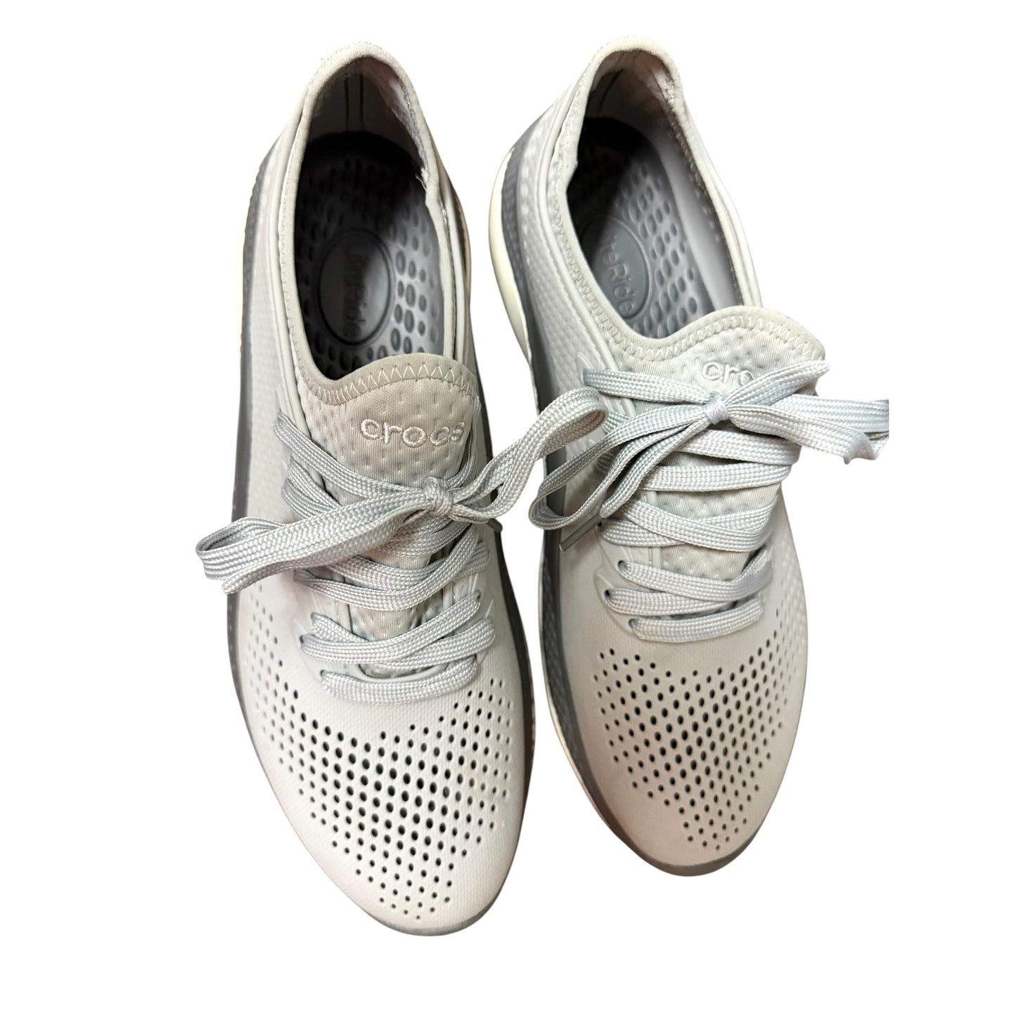 Lightweight Mens Gray Lace-Up Sneakers By Crocs With Perforated Design & Comfortable Cushioned Soles