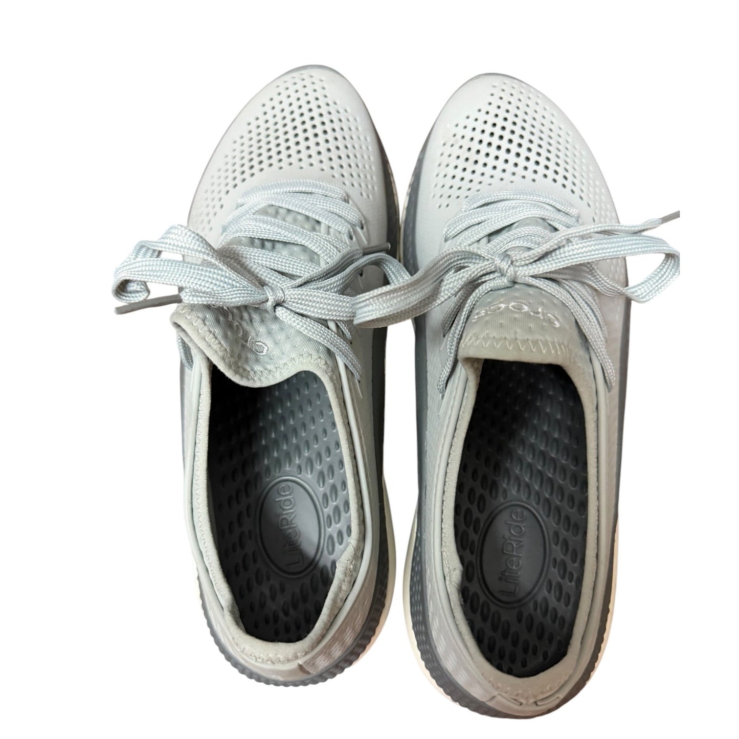Lightweight Mens Gray Lace-Up Sneakers By Crocs With Perforated Design & Comfortable Cushioned Soles