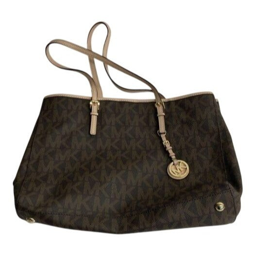 Michael Kors Brown Jet Set Monogram Tote Bag With Beige Straps & Logo Charm