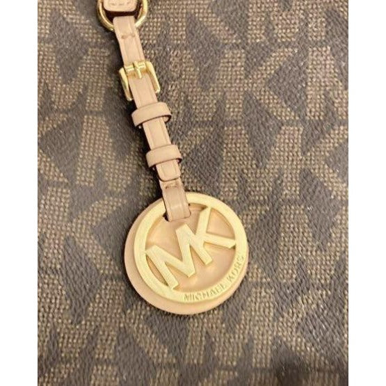 Michael Kors Brown Jet Set Monogram Tote Bag With Beige Straps & Logo Charm