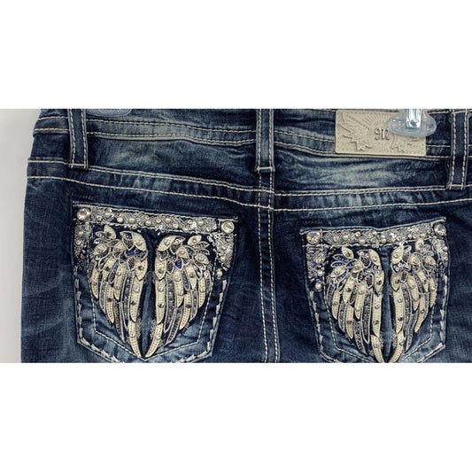 Miss Me Women's Low-Rise Slim Boot Jeans With Rhinestone Angel Wings Size 27