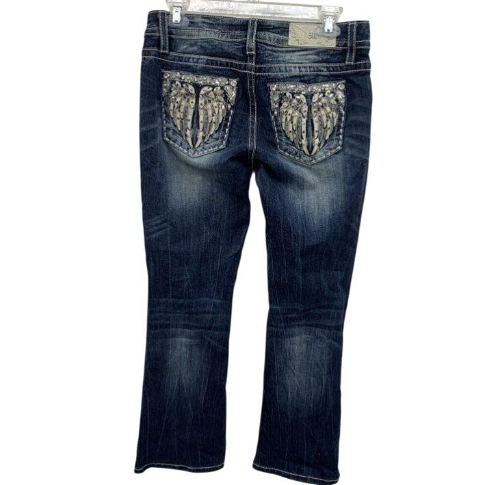 Miss Me Women's Low-Rise Slim Boot Jeans With Rhinestone Angel Wings Size 27