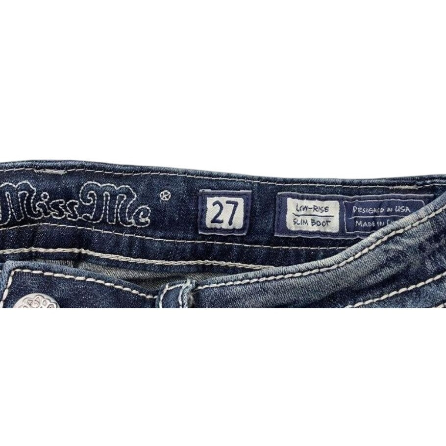 Miss Me Women's Low-Rise Slim Boot Jeans With Rhinestone Angel Wings Size 27
