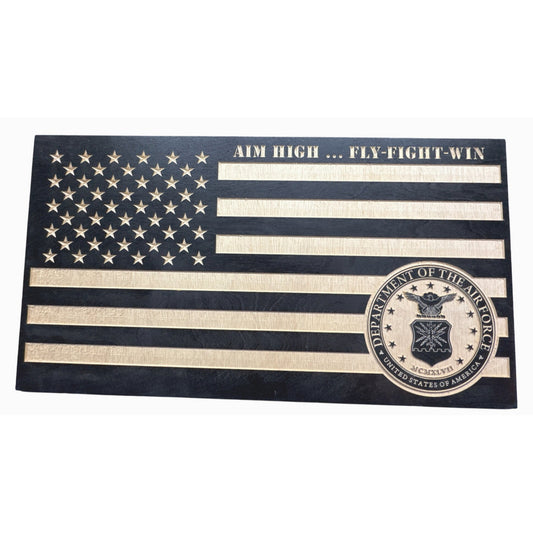 U.S. Air Force Engraved Wooden Flag Plaque With "Aim High...Fly-Fight-Win" Design