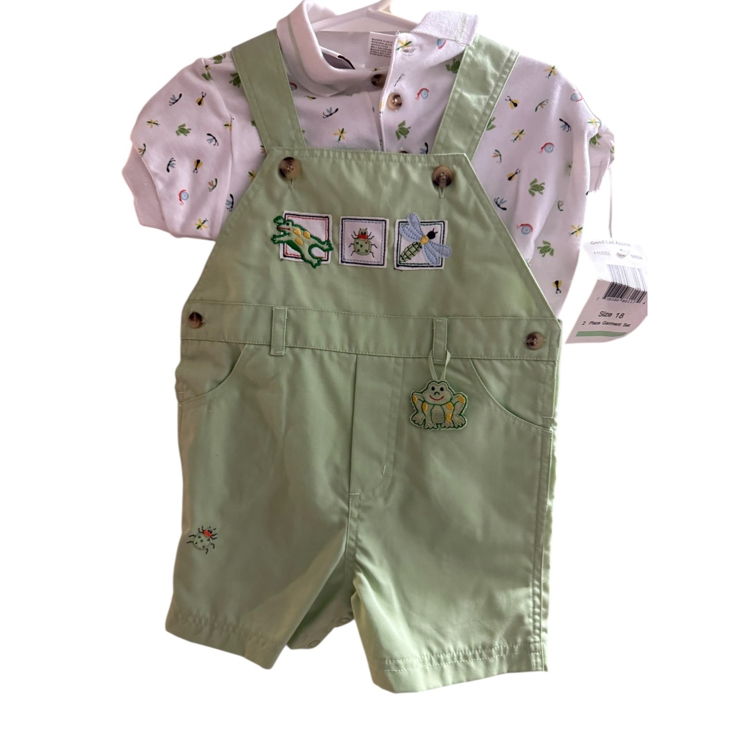 Good Lad Green Overalls & Shirt Set With Embroidered Frog & Bug Details Size 18 Months