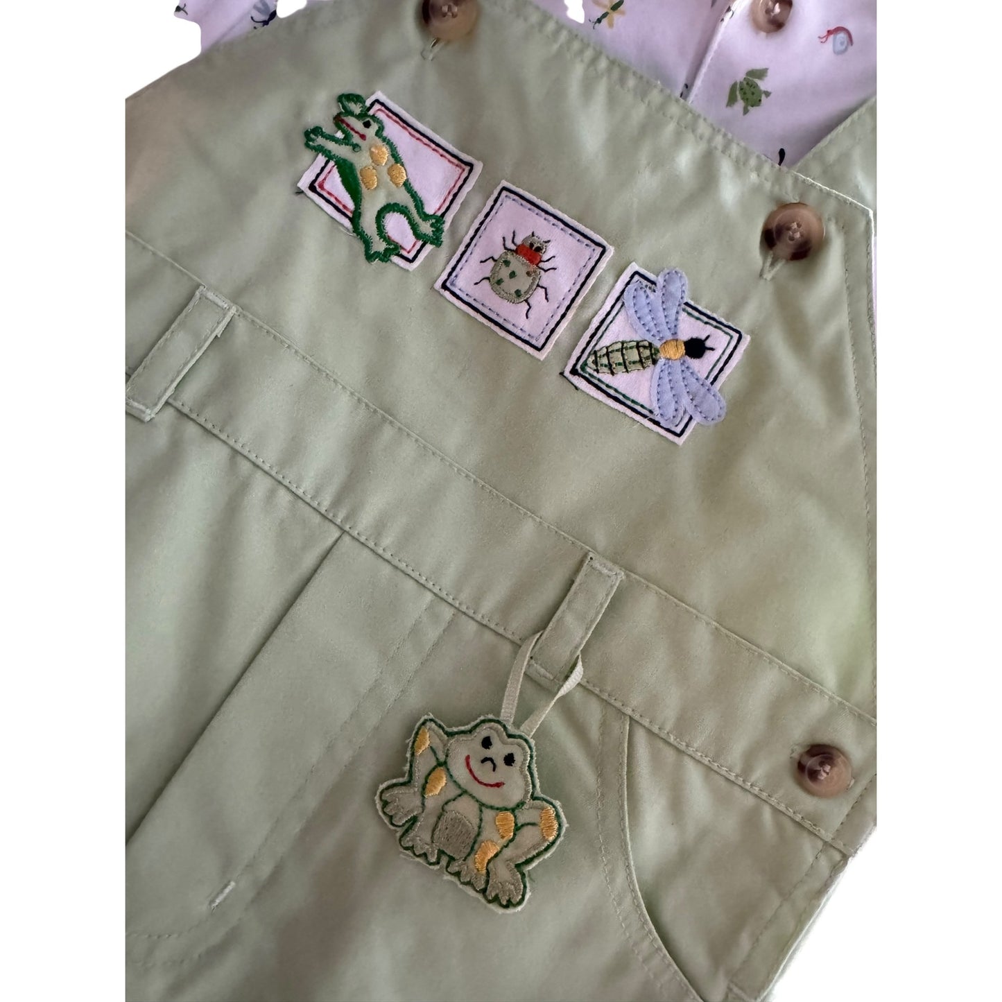 Good Lad Green Overalls & Shirt Set With Embroidered Frog & Bug Details Size 18 Months