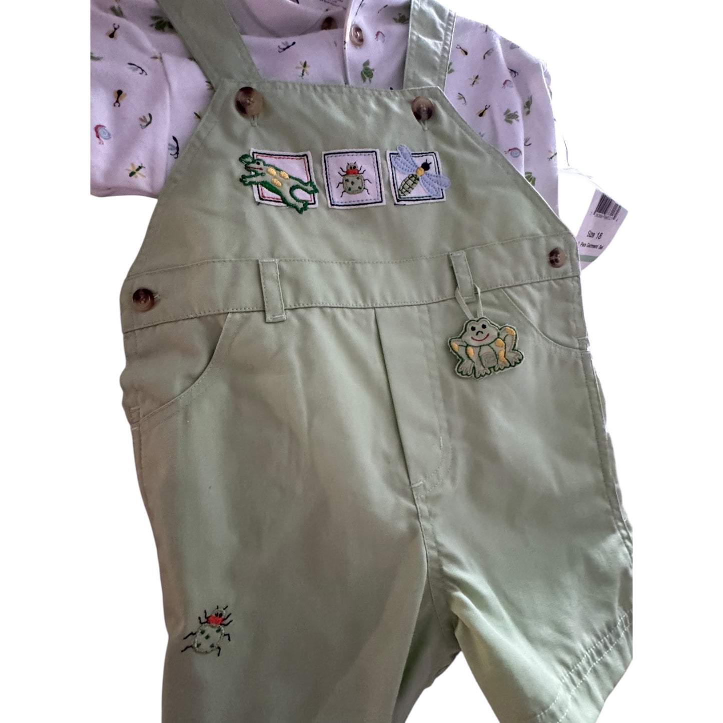 Good Lad Green Overalls & Shirt Set With Embroidered Frog & Bug Details Size 18 Months