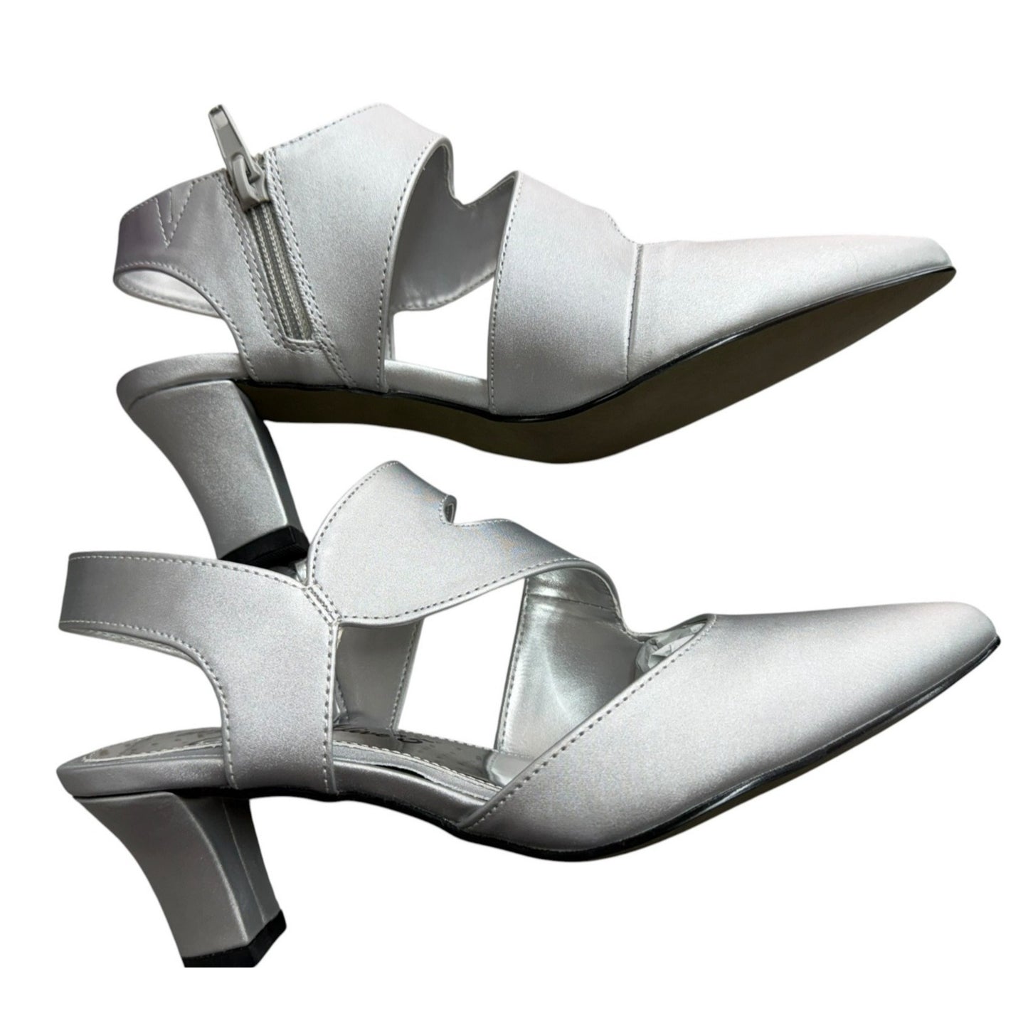 Easy Street Alive Women's Satin Silver Strappy Kitten Heel Shoes Size 6.5M NWB