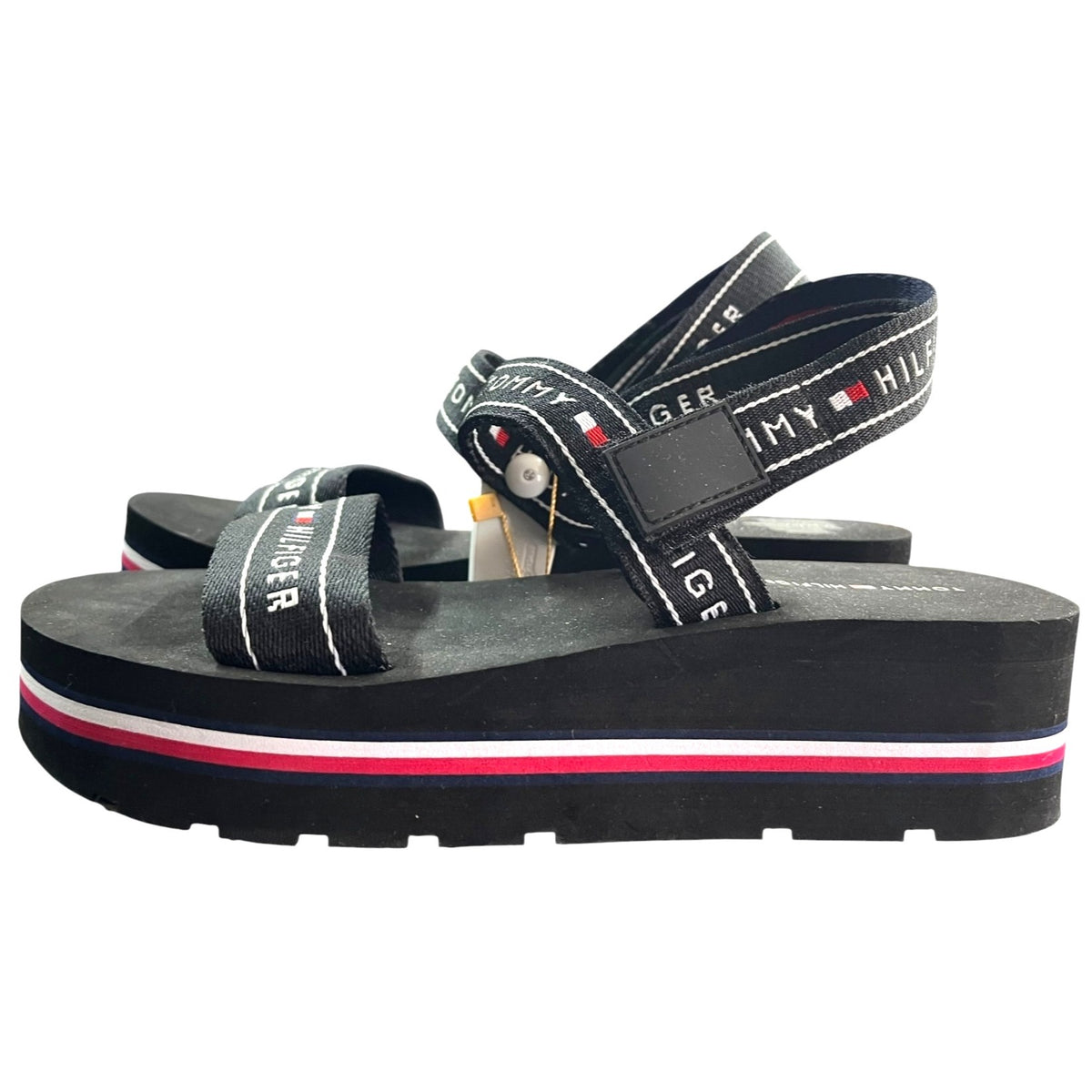 Tommy Hilfiger Black Platform Sandals With Logo Straps Size 8