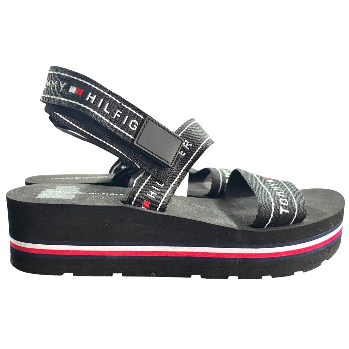 Tommy Hilfiger Black Platform Sandals With Logo Straps Size 8