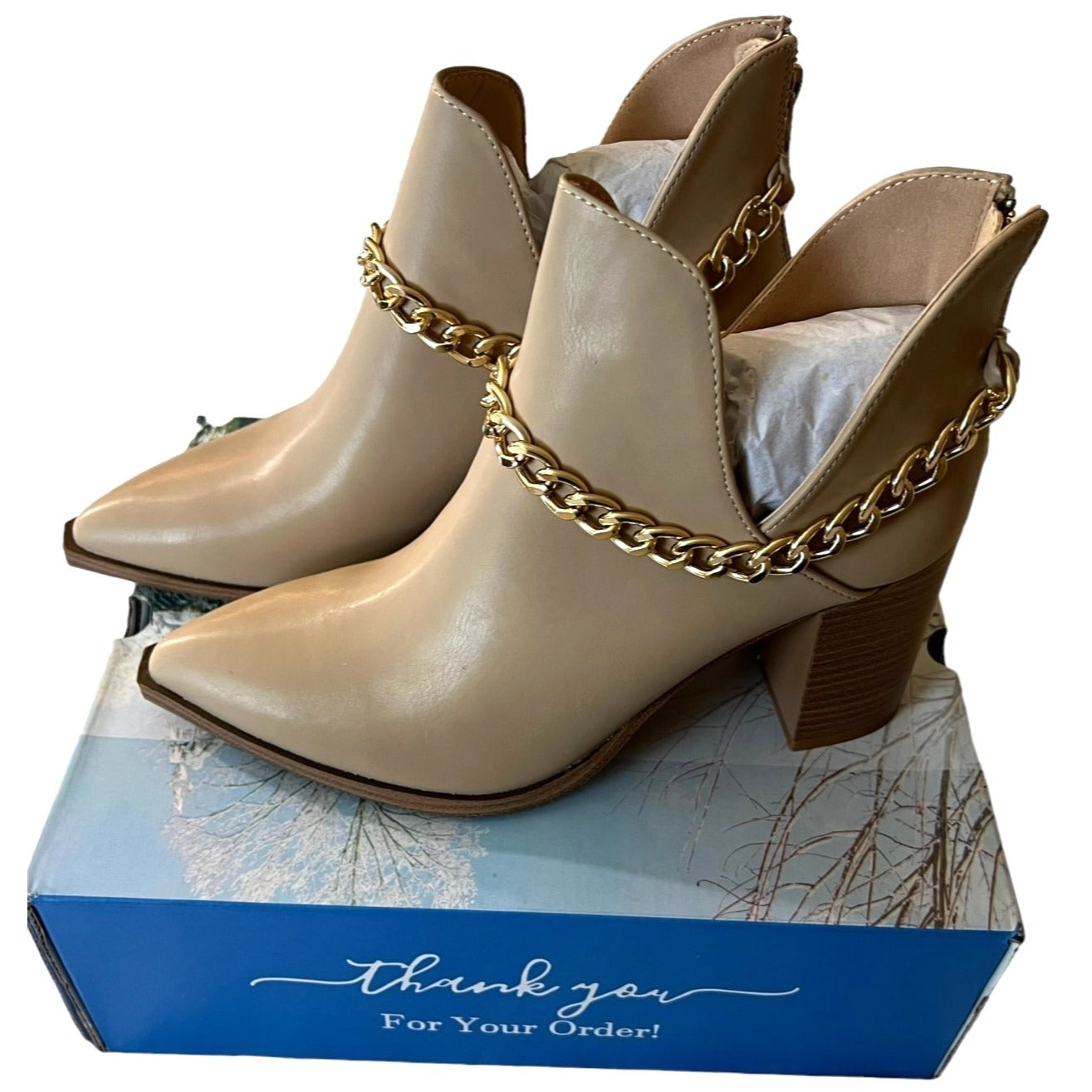 Women's Cutout Ankle Booties Boots With Gold Chain Almond Toe Western Style