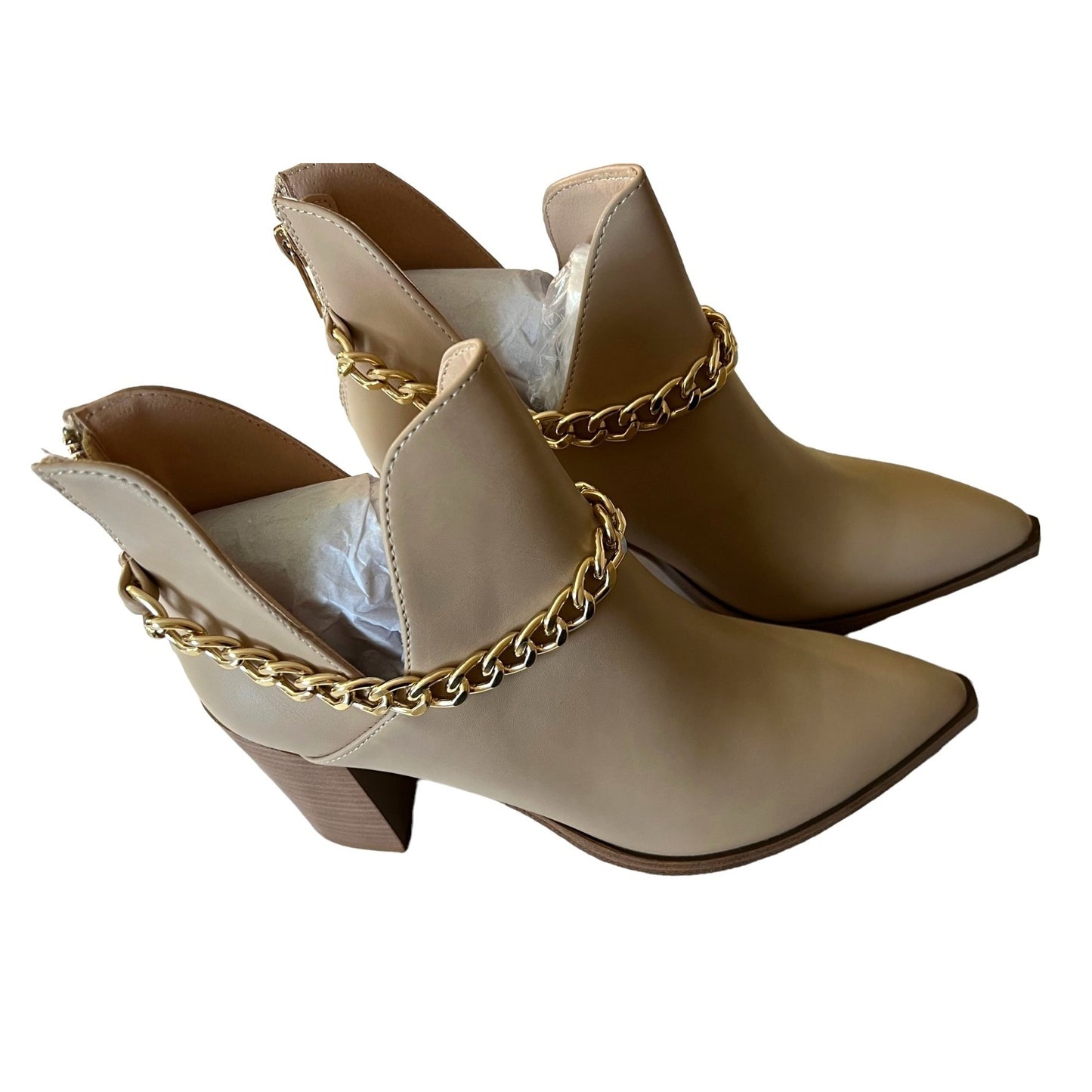 Women's Cutout Ankle Booties Boots With Gold Chain Almond Toe Western Style