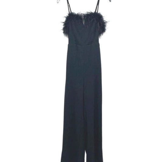 Entro Women's Black Sleeveless Fur Trim Wide Leg Jumpsuit W/ Tie Back- M NWT