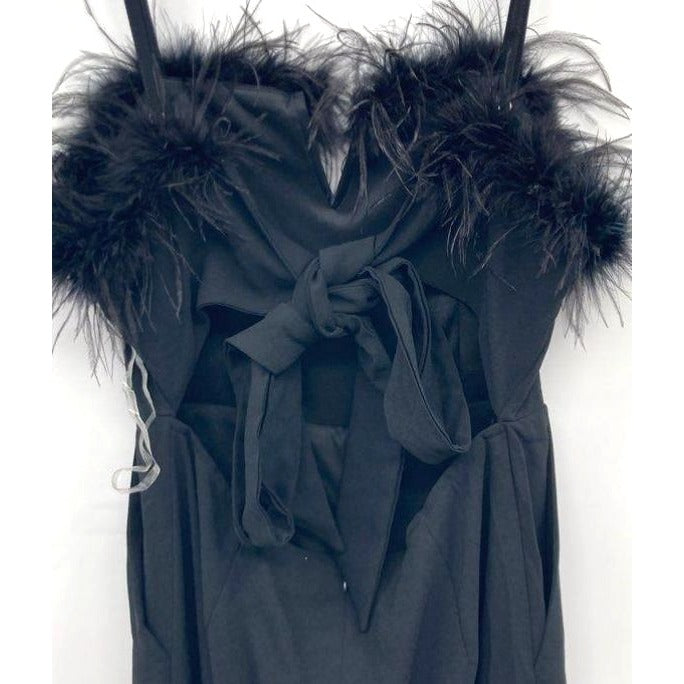 Entro Women's Black Sleeveless Fur Trim Wide Leg Jumpsuit W/ Tie Back- M NWT