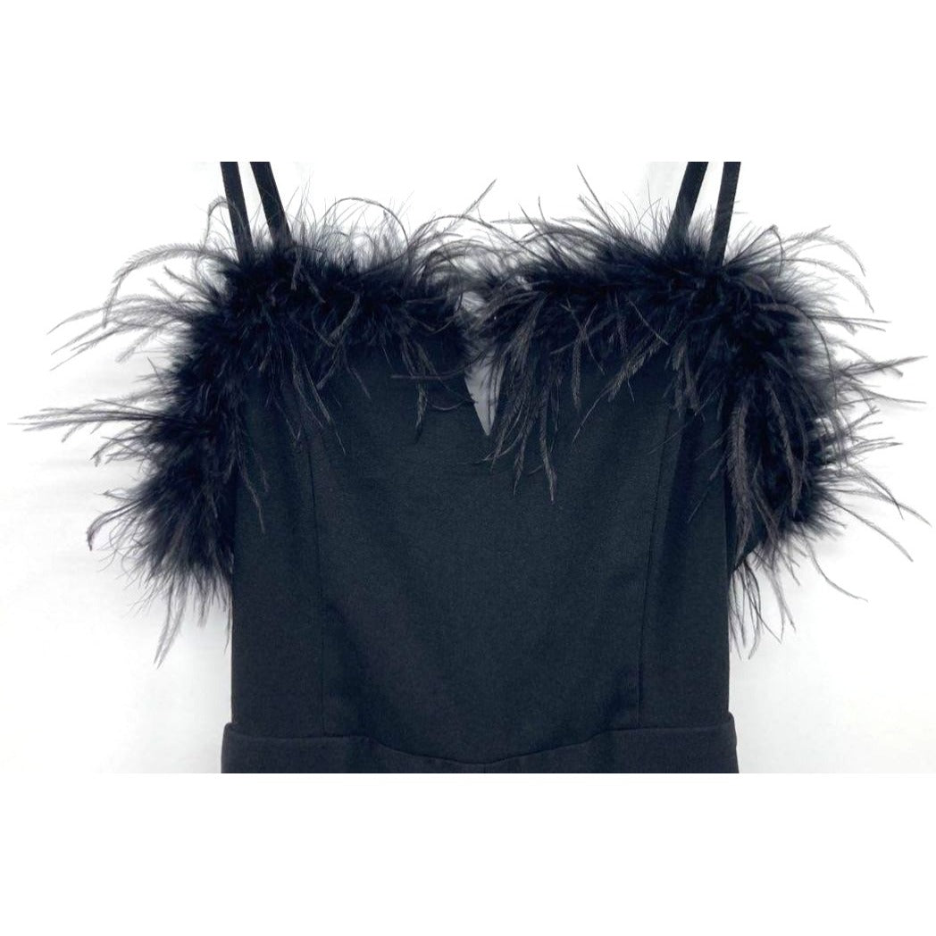 Entro Women's Black Sleeveless Fur Trim Wide Leg Jumpsuit W/ Tie Back- M NWT