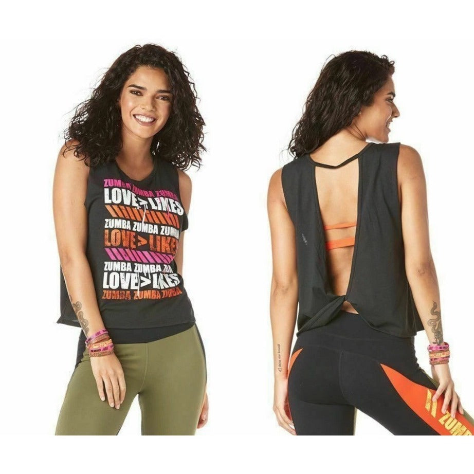 Zumba Fitness Love Over Likes Open Back Tank Top Black With Graphic Design Womens XL NWOT