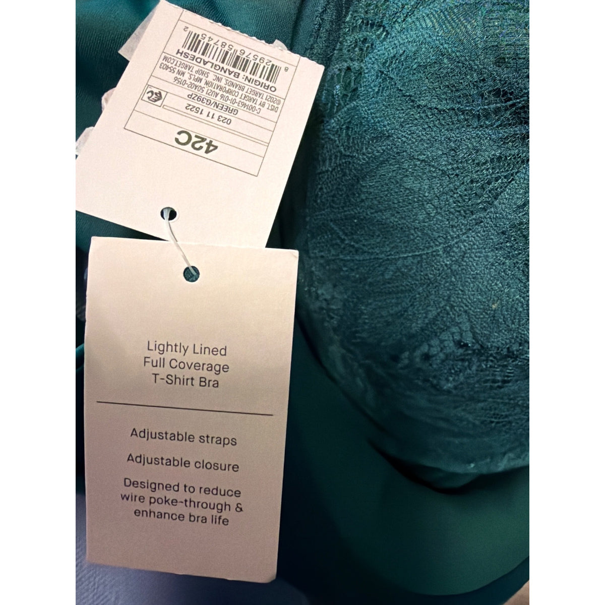 Auden Teal Lace Full Coverage Bra 42C With Adjustable Straps NWT