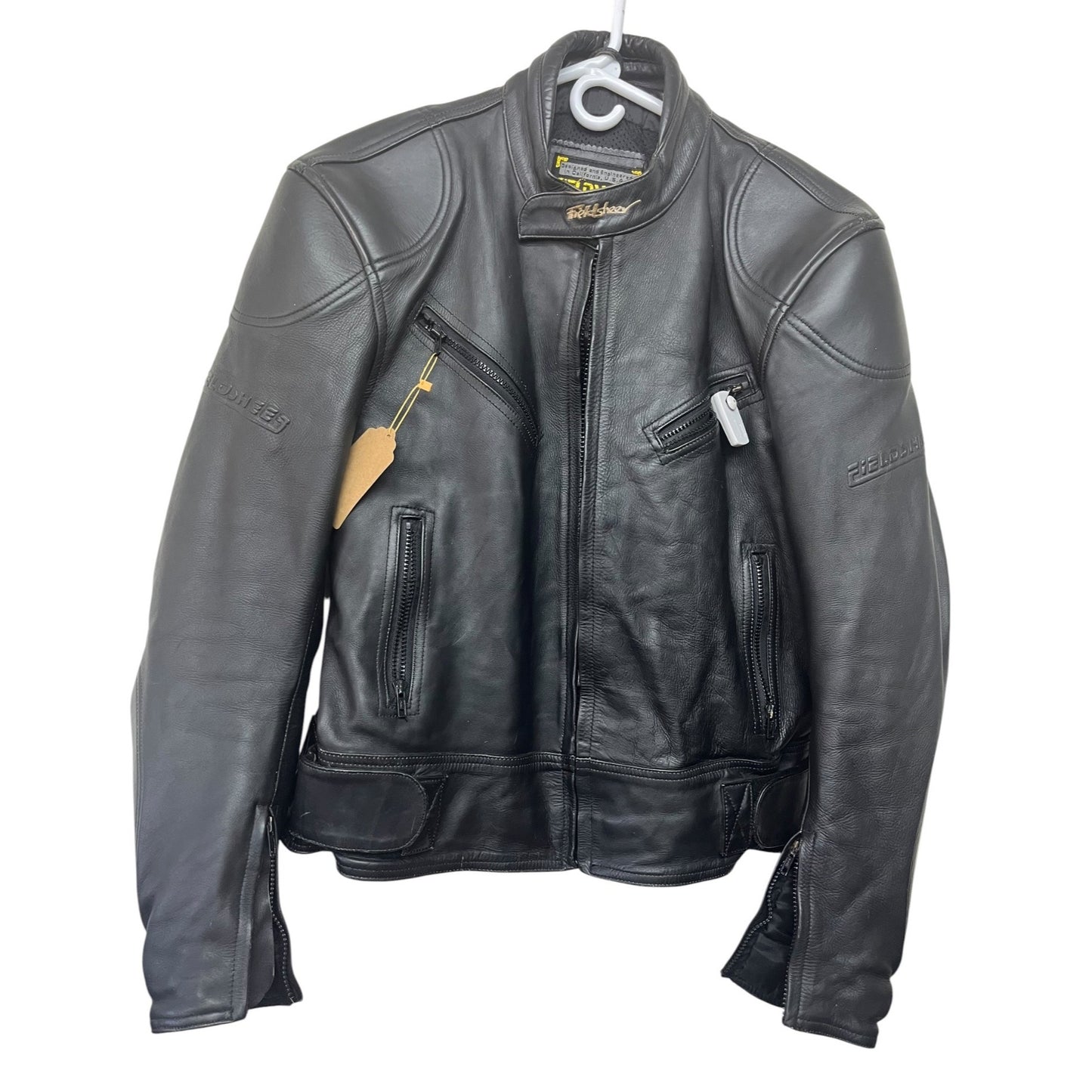 Fieldsheer Mens Black Leather Motorcycle Jacket Size 50 With Zippered Pockets & Adjustable Straps