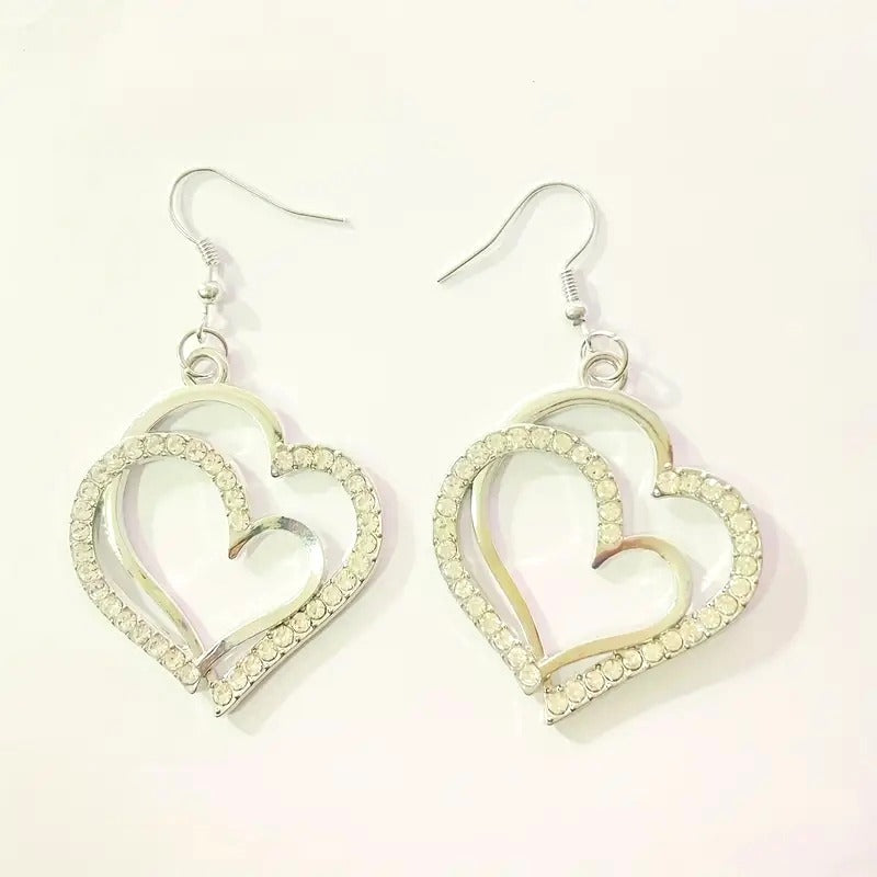 Heart-Shaped Silver Tone Dangle Earrings With Rhinestones - 6cm Drop Length