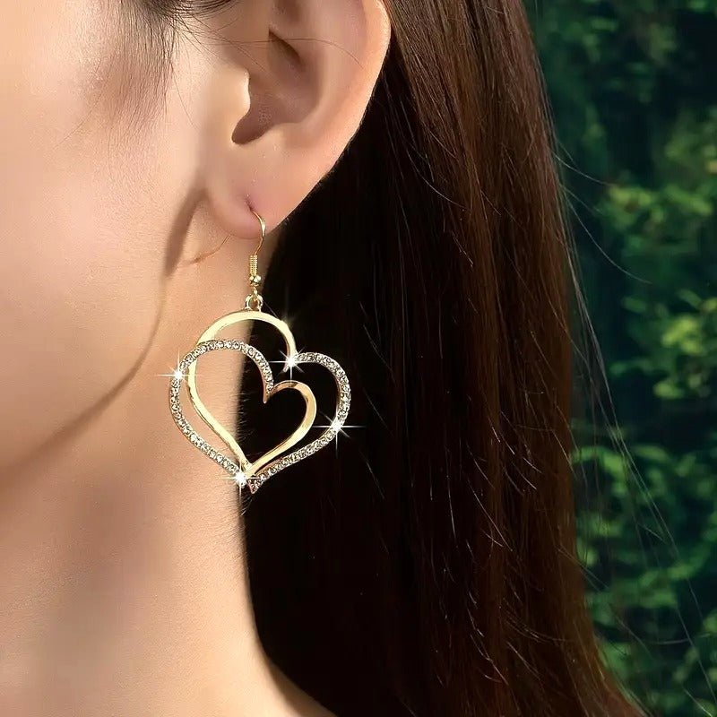 Heart-Shaped Silver Tone Dangle Earrings With Rhinestones - 6cm Drop Length