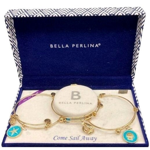 Bella Perlina Gold-Tone Bangle Bracelet Set With Nautical Charms "Come Sail Away" One Size Fits All