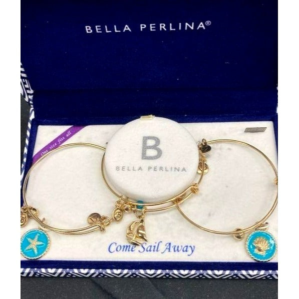Bella Perlina Gold-Tone Bangle Bracelet Set With Nautical Charms "Come Sail Away" One Size Fits All