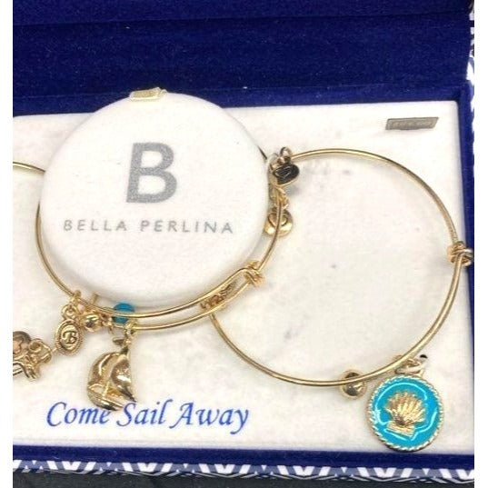 Bella Perlina Gold-Tone Bangle Bracelet Set With Nautical Charms "Come Sail Away" One Size Fits All
