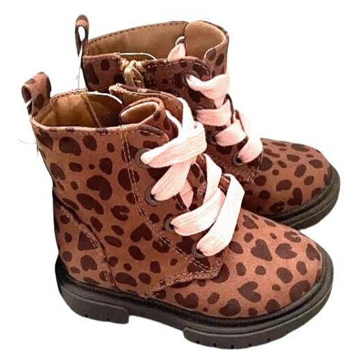 Cat & Jack Leopard Print Girls Boots With Pink Laces & Side Zipper Size 7 NWT