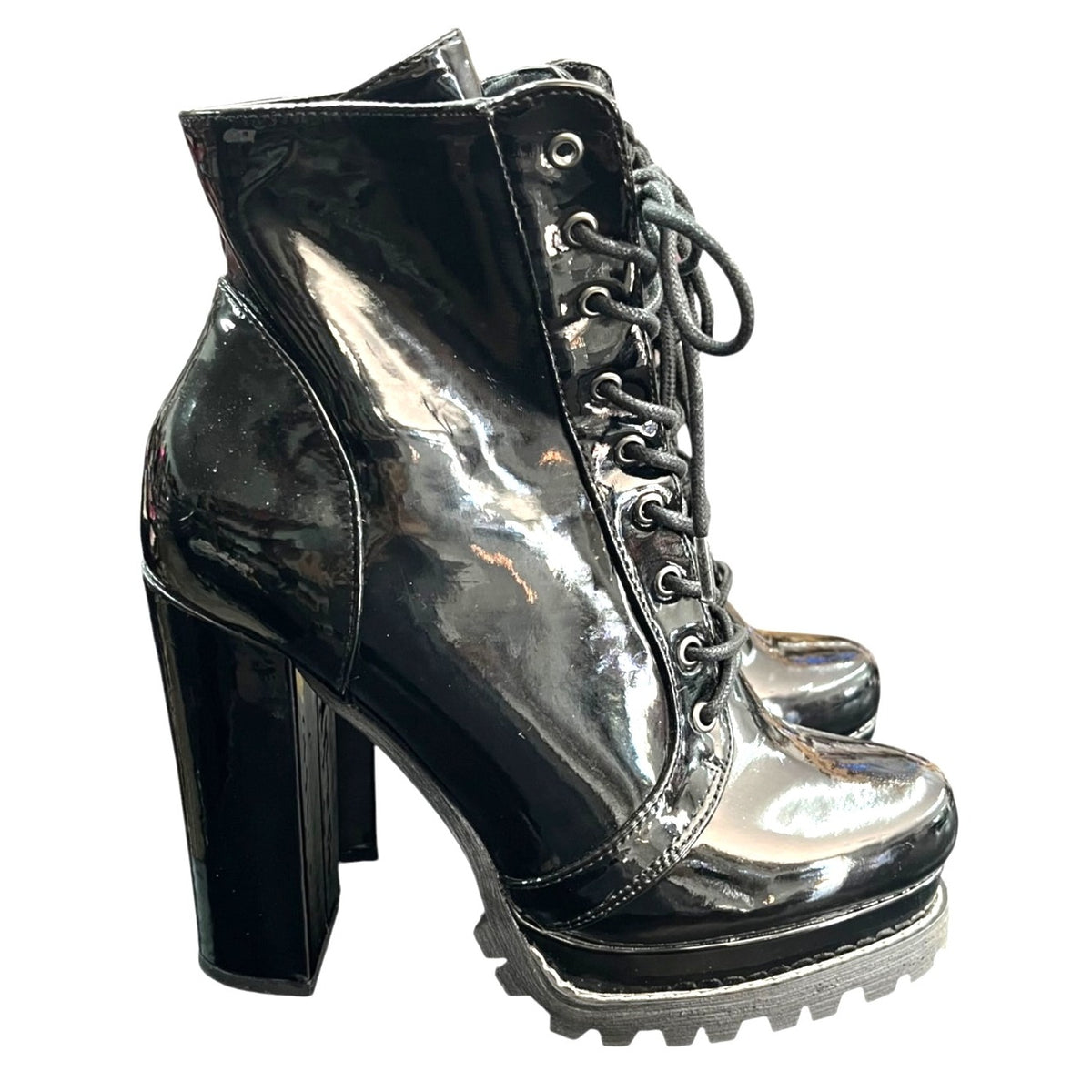 Liliana Black Patent Platform Lace-Up Block Heel Boots Sz 8