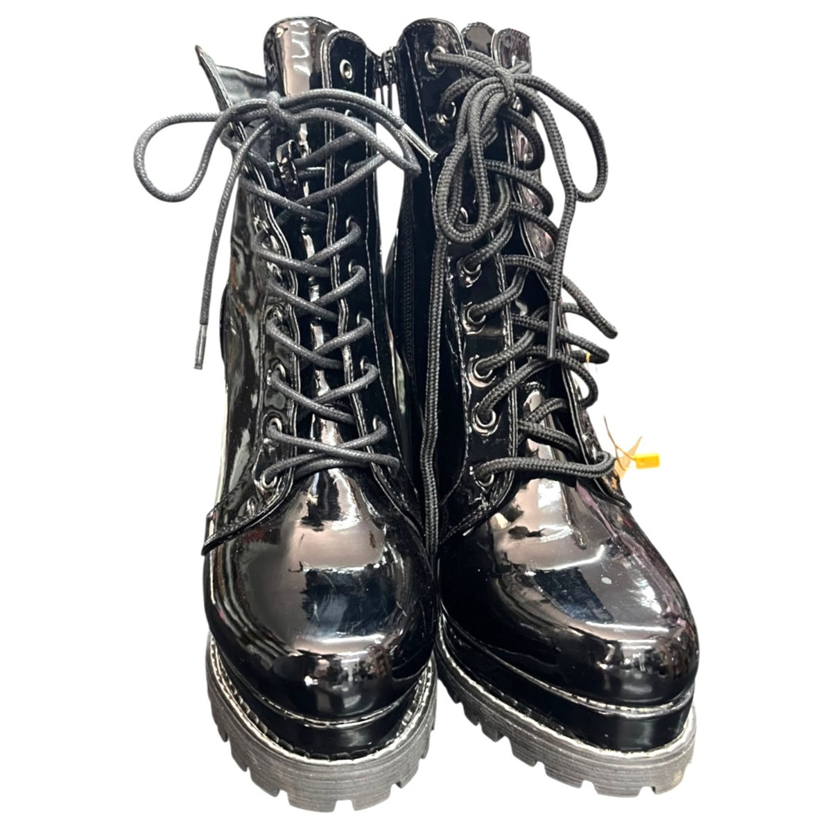 Liliana Black Patent Platform Lace-Up Block Heel Boots Sz 8